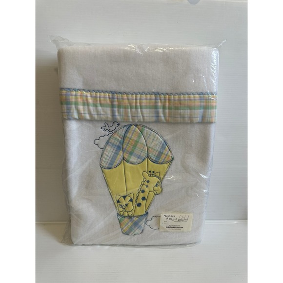 Blanket by Quiltex Hot Air Balloon Plaid Giraffe Cat Applique Baby White Vtg NEW - Picture 2 of 6